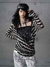 Vintage Black & White Striped Knit Top & Bustier Set with Deconstructed Design & Faux Fur