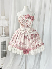 Kitty and Strawberry Print Pink Sweet Lolita Jumper Skirt with Bow Accents