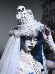 White Goth Halloween Bone and Flowers Cake Hat with Detachable Veil
