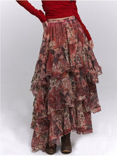 Vintage Red Tiered Skirt - Floral Print & Asymmetrical Hem