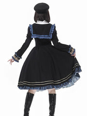 Black Juliette Sleeves Ruffle Neckline Lolita Dress with Blue Ruffles and Plaid Trim