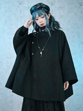 Black Gothic Banded Collar Cape Coat - Goldfish Embroidery & Single-breasted Button Placket