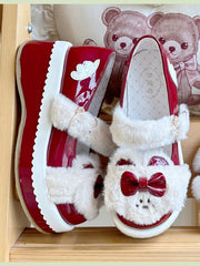 Wine Red Bowknot Decorated Plush Bear Lolita Platforms With Bear Buckle