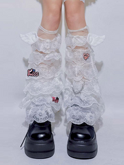 White Tiered Lace Leg Sleeves with Wing Accents