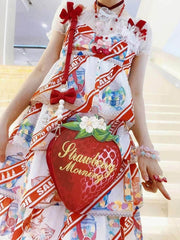 Strawberry PU Bag with Adjustable Strap & Floral Accents