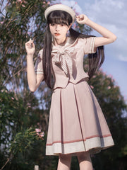 JK Uniform 55cm Pink Box Pleat Skirt with Beige Hem