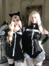 High Neck Goth Top - Black Long Sleeve with Button Front and White Dot Frill Accents