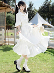Preppy White Sailor Collar Midi Dress with Ruffle Trim
