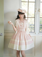 Pink Sailor Collar Lolita Dress with Beige Trims and Lace Bow Accent