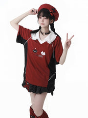 Red Plaid Star Applique Black Polka Dot Mini Bubble Skirt with Buckle Belt