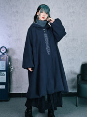 Blue Gothic Cheongsam Puff Sleeve Hooded Long Coat with Jellyfish Embroidery & Bubble Hem