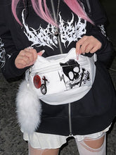 White Punk Canvas Waist Bag - Skeleton & Letter Print with Cat Ear Design