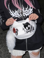 White Punk Canvas Waist Bag - Skeleton & Letter Print with Cat Ear Design