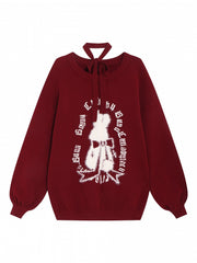 Wine Red Bishop Sleeve Sweater with White Bow-Adorned Rabbit Graphic & Neck Strap