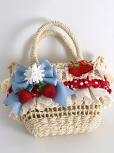 Red & Blue Crochet Crossbody Bag with Strawberry Details, Bow Accent & Ruffles Trim