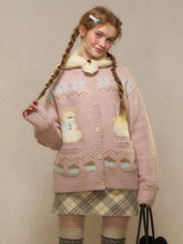 Yellow/Black/Pink Vintage Snowman Jacquard Knit Cardigan - Button-Front Kawaii Charm