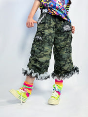 Y2K Camouflage Cargo Denim Capris with Flounce Cuffs
