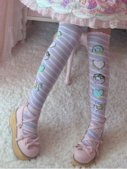 Pink/Yellow/Blue/Purple Unicorn Donut Print Striped Pattern Lolita Over Knee Stockings