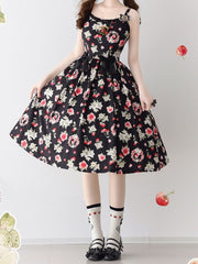 Strawberry Print Black Summer Floral Dress Two Bowknot Pins on Waist