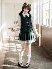 Fake Two-pieces Green Preppy Style Lolita Box Pleat Short Dress + Tonal Tie