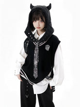 Gothic Academia Black Knit Vest with Buckle Strap and Cross Chain Accents