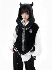Gothic Academia Black Knit Vest with Buckle Strap and Cross Chain Accents