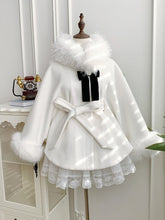 White Winter Lolita Fleece Lining Cape Coat with Detachable Fur Collar, Sash and Brooch