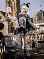 Black Stripes Clowncore Lolita Dress Set - Juliette Sleeves OP + Detachable Printed Panel + Bow + KC + Waist Belt