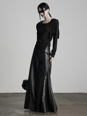 Urban Goth Black Split Leather Skirt with Rivet & Buckle Decor