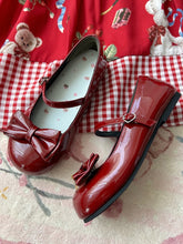 Wine Red PU Low-heel Mary Jane Shoes with Detachable Bow and Heart Buckle