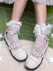 White Star Print Lace Trim Sweet Ankle Socks