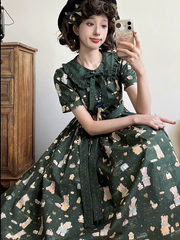 Short Version Dark Green Bear Print Short Sleeves Sweet Lolita Dress