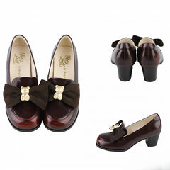 Wine Red Bear Decorated Bow at Top Loafers