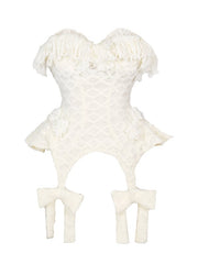 Cream White Fuzzy Knitted Lace Corset with Bow Accents