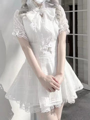 Jirai Kei White Plaid Organza Skirt with Back Lace-up Detail