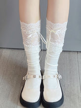 White/White & Pink/White & Blue Bowknot Strap Lace Trim Calf Socks/ Over Knee Stockings