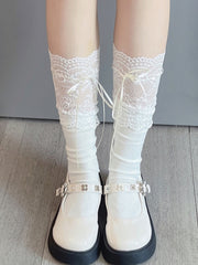 White/White & Pink/White & Blue Bowknot Strap Lace Trim Calf Socks/ Over Knee Stockings