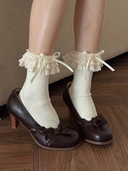 Ribbed Socks with Ruffled Lace & Bow Cuffs