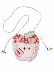 Pink/Green Y2K Apple-Inspired Patchwork Crossbody Bag with Floral and Plaid Patterns