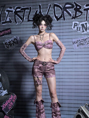 Y2K Pastel Punk Pink Sequin Crop Cami with Rhinestone Butterfly & Detachable Peplum