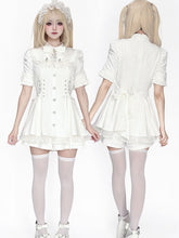 Jirai Kei All-White Short Sleeve Dress Set with Detachable Bib Bow Tie, Corset Lace-Up Waist & Matching Shorts