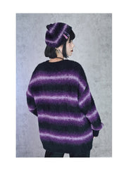 Gothic Purple Cheongsam Faux Mink Cat Ear Beanie with Gradient Stripes & Pom-Poms