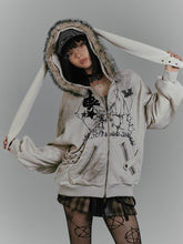 Spiderweb and Skeleton Print Gray Punk Rock Bunny Ears Fleece Zip Hoodie