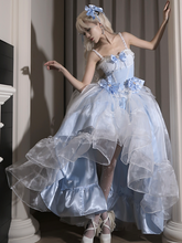 Plus Sizes Available Blue Princess Lolita Boned Waist Top + High-low Cascading Flounce Skirt