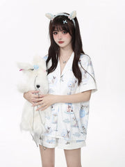 White Short Sleeve Pyjama Set with Puppy and Kitten Print