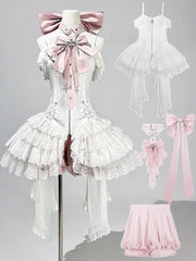 White Spaghetti Straps Corset Dress Balletcore Lolita JSK + Pink Bloomer Shorts + Pink Bows