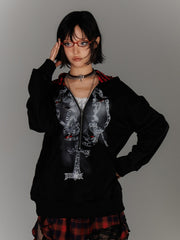 Y2K Black Distressed Holes Pin Accents Graphic Hoodie Faux Two-pieces