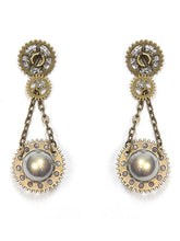 Handmade Steampunk Bronze Gears Design Ear Clips with Bead Charms