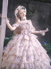 Blue Rosette Print Quinceanera Princess Dress Hanayome Lolita JSK Tiered Skirt Floor Length