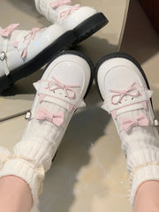 White Dazed Lamb JK Style Low-heel Shoes with Cute Bow and Heart Buckle Accents